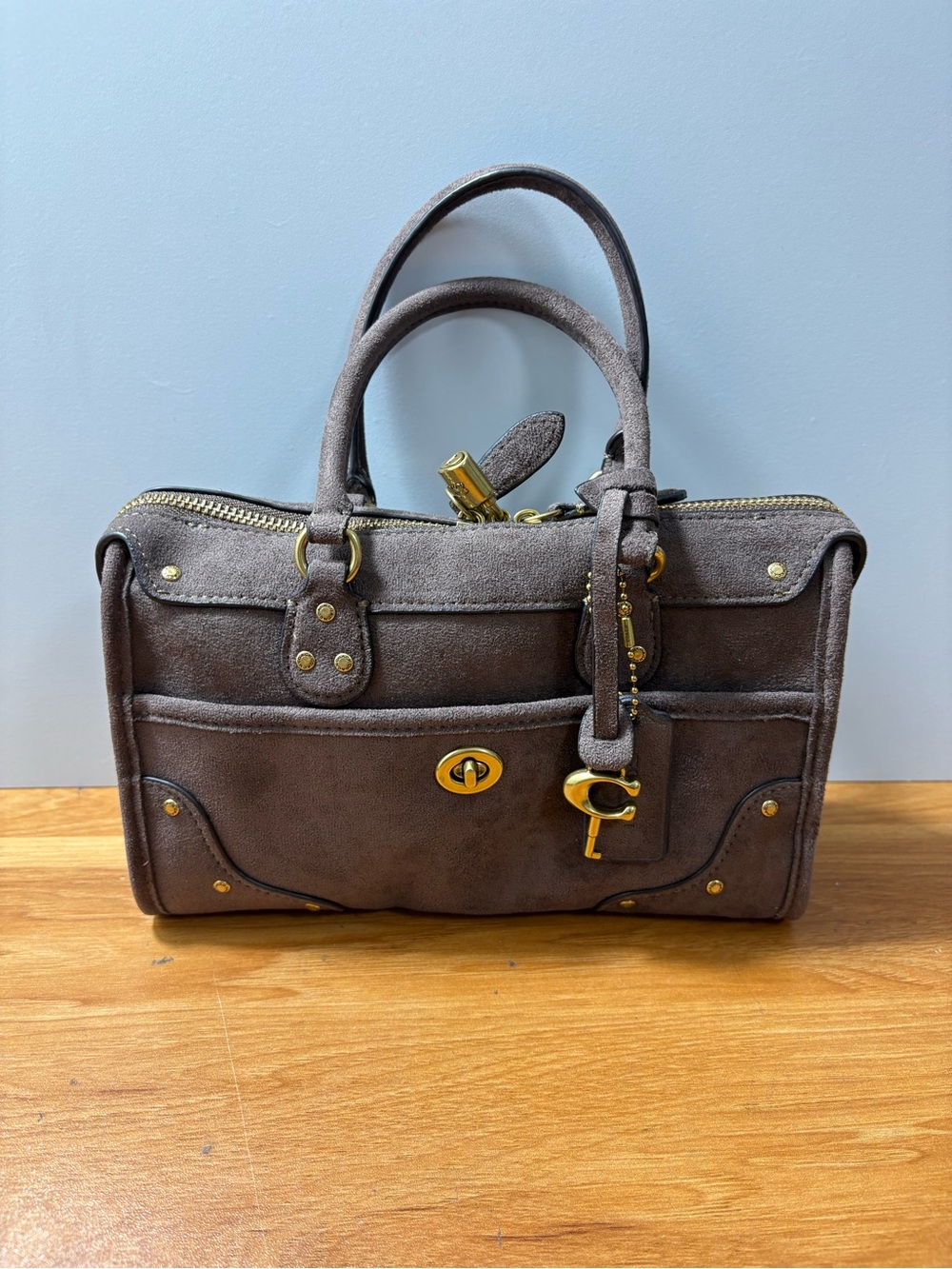 Coach Brown Suede Crossbody Satchel with Gold Hardware